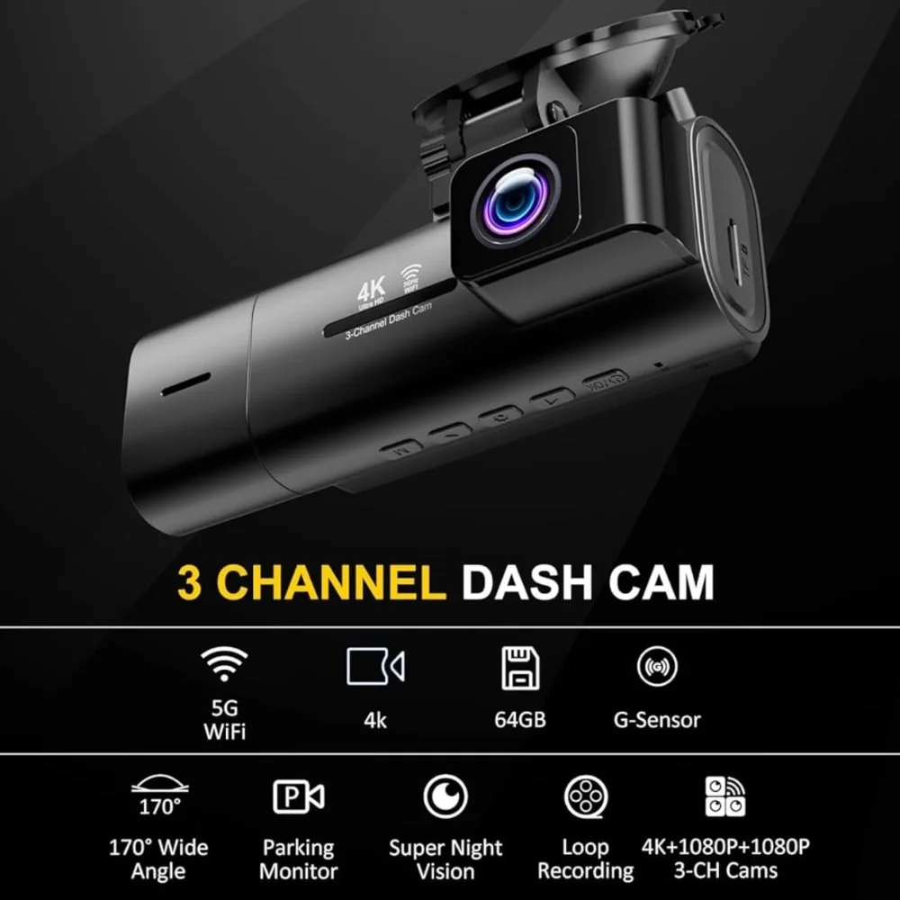 4K Dash Cam Front & Rear IPS,3 Channel Dash Cam with 5G Wifi 64 Card Included